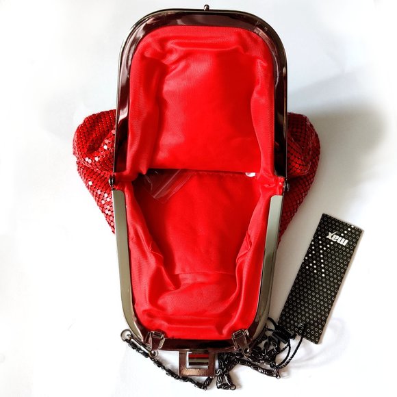 NWT Red Chainmail Metal Mesh Evening Clutch w Pewter Long & Short Chain & Clasp - Picture 4 of 4